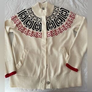 NWT Talbots Cream Cardigan with Red/Black Pattern for Apres Ski and Winter Fun